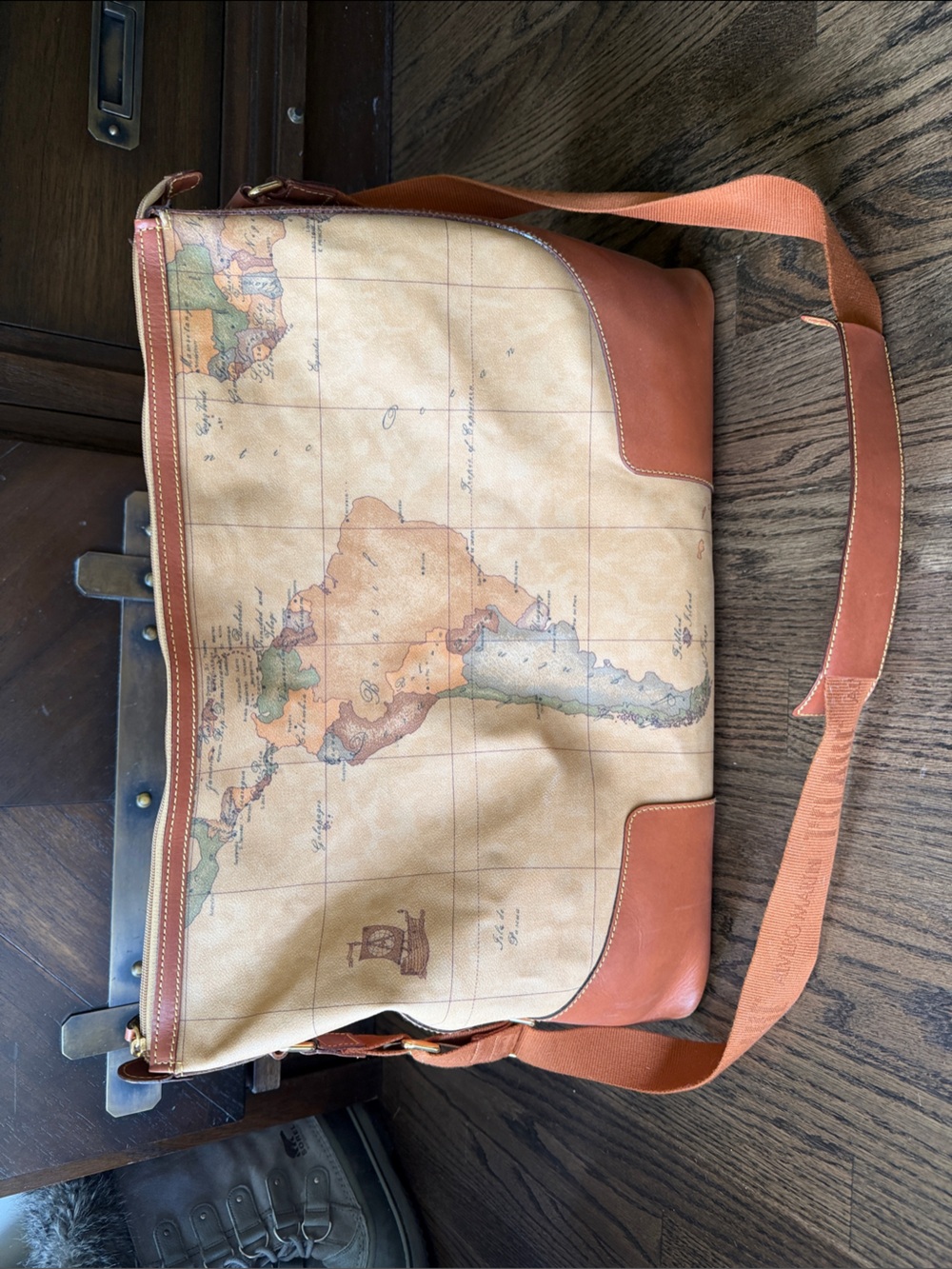 Alviero Martini Map-Print Messenger Bag in Tan and Brown